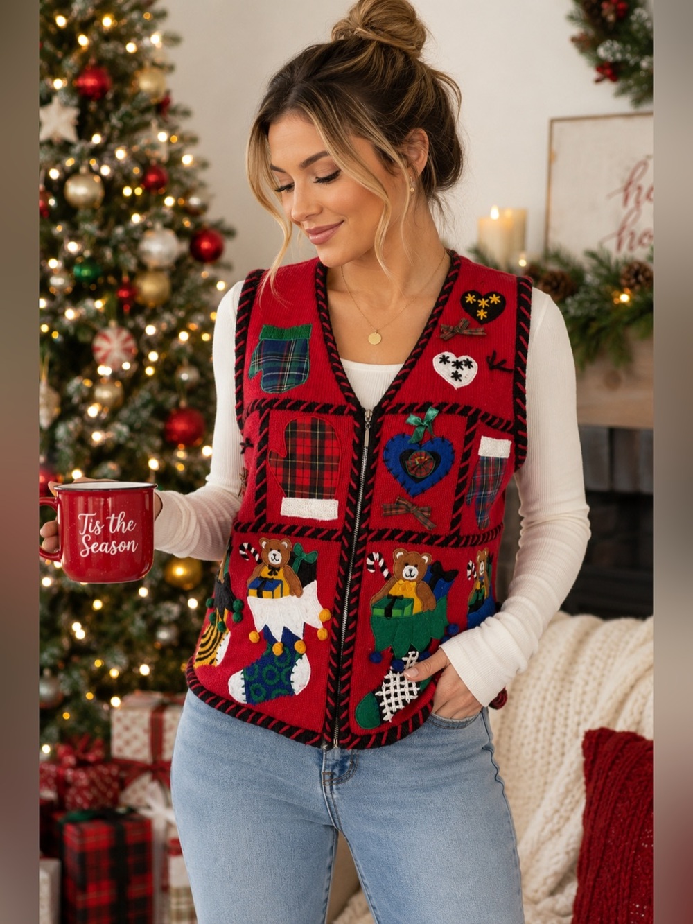 Studio Originals Teddy Bear Christmas Vest Zip Front Holiday Sweater Vest Small